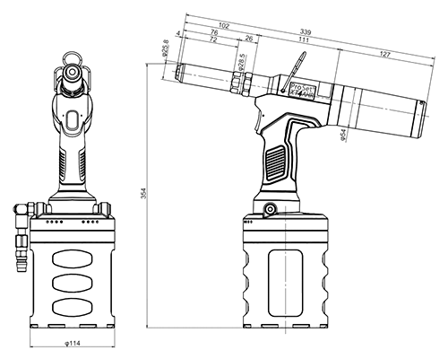 POP リベットツール(空油圧式プロ用ツール) PROSET XT4-AHR (小型軽量)の寸法図