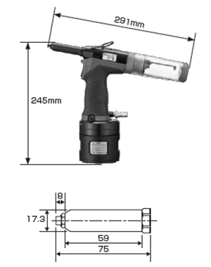 POPリベットツール(空油圧式プロ用ツール) PROSET XT1 (タイプ小)の寸法図