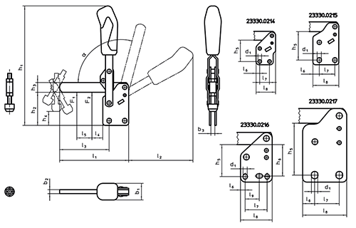 鋼 縦型トグルクランプ縦型固定板とサポートアーム付 (23330)(ロームヘルド・ハルダー)の寸法図