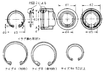 鉄 ベベル形 止め輪 穴用(オチアイ製)の寸法図