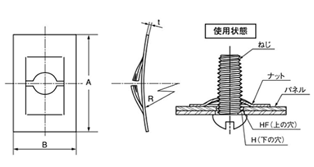 鉄 ネジ式スピードナット F形(オチアイ製)の寸法図