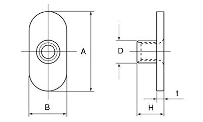 鉄 T型 ウエルドナット(溶接)F(ダボ無し)(PLなし)(オチアイ製)の寸法図