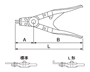 C形止め輪 専用工具(スナップリング) 軸用プライヤー L形先端(オチアイ製)の寸法図