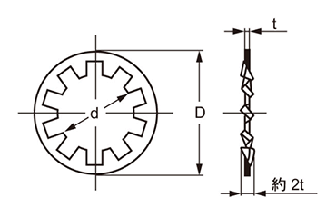 燐青銅 歯付き座金(内歯形)(オチアイ製)の寸法図