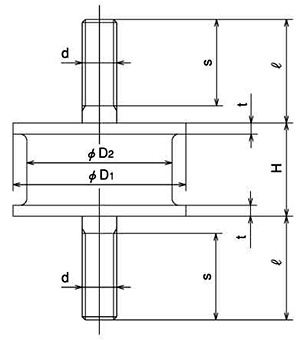 丸形防振ゴム (KA形) 両ボルトタイプ(ナット、座金各2個付)の寸法図
