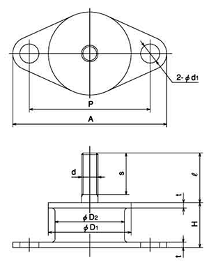 丸形防振ゴム (KB形) 片ボルトタイプ(ナット、座金各1個付)の寸法図
