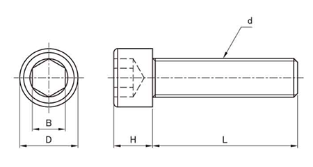 PVDF (樹脂製)六角穴付きボルト(キャップスクリュー)(全ねじ)の寸法図