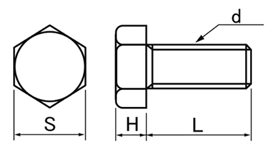 ピーク(樹脂製)六角ボルトの寸法図