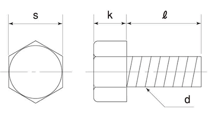 PTFE(四フッ化樹脂)六角ボルト (全ねじ)の寸法図