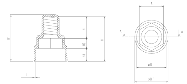 エラストマー(TPE) ダブル六角ナット用キャップ(内ねじ付)(AWJ)の寸法図