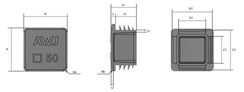 エラストマー(TPE) EL 角パイプインナーキャップ (内栓タイプ)(AWJ品)の寸法図