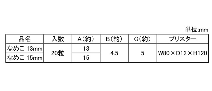 なめこ色 木の子キャップ (ブリスター/20個入り)(材質/椿の木)(ダンドリビス)の寸法表