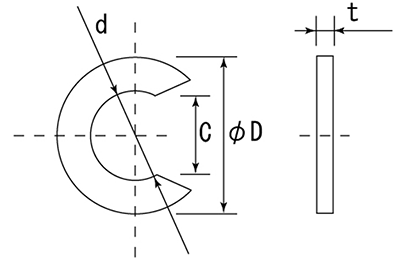 ポリアセタール(POM)(樹脂製) C形止め輪(スナップリング)(軸用)の寸法図