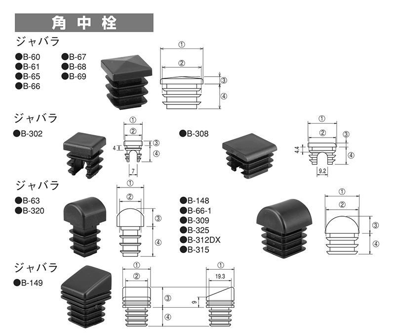 樹脂製 角中栓保護キャップ (角パイプ内径)(各色)(大昌産業)の寸法図