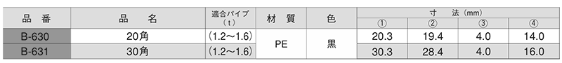 アルミパイプ用 (角中栓ジャバラ/パイプ内径用)(樹脂製PE)(大昌産業)の寸法表