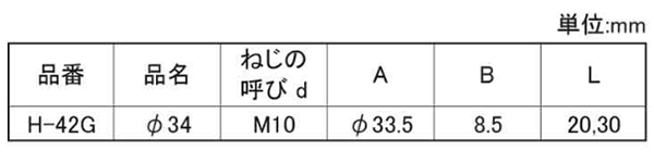 樹脂製(PE) アジャスター(高さ調節用)(H-42G)(ROHS品)(大昌産業)の寸法表