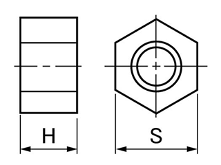 FRP(GE)(ガラスエポキシ樹脂) 六角ナット8割 (黒色)(太平品)(平径x高さ)の寸法図