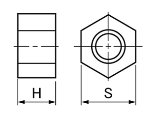 FRP(GE)(ガラスエポキシ樹脂) 六角ナット(黒色)(双和化成規格)(平径x高さ)の寸法図