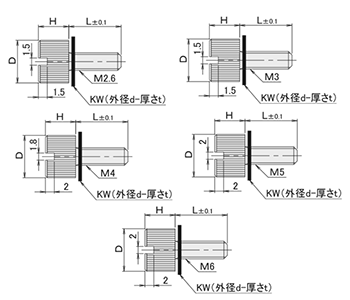 黄銅 ローレットツマミ(スリ割付・ナイロンワッシャー組込) /NB-RA-N (頭部 D10xH10)(ニッケルメッキ)の寸法図