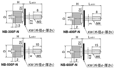 黄銅 ローレットツマミ(スリ割 段付 胴細・ナイロンワッシャー組込) NB-F-N/頭径φ10x12H (Sタイプ)(ニッケルメッキ)の寸法図