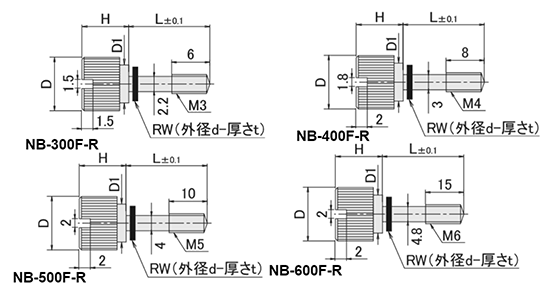 黄銅 ローレットツマミ(スリ割 段付 胴細・NBR黒色ワッシャー組込) NB-F-R /頭径φ10x15H (Tタイプ)(ニッケルメッキ)の寸法図