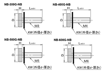 黄銅 ローレットツマミ(低頭・黒色 66ナイロンワッシャー組込) NB-G-NB /頭径φ10x3H (Oタイプ)(ニッケルメッキ)の寸法図