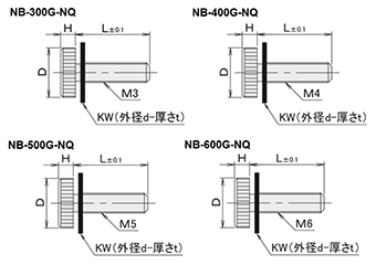 黄銅 ローレットツマミ(低頭・衝撃吸収白色 ナイロンワッシャー組込) NB-G-NQ /頭径φ10x3H (Oタイプ)(ニッケルメッキ)の寸法図