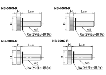 黄銅 ローレットツマミ(低頭・NBR黒色ワッシャー組込) NB-G-R /頭径φ10x5H (Pタイプ)(ニッケルメッキ)の寸法図
