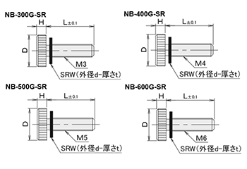 黄銅 ローレットツマミ(低頭・シリコンゴムワッシャー組込) NB-G-SR /頭径φ10x3H (Oタイプ)(ニッケルメッキ)の寸法図