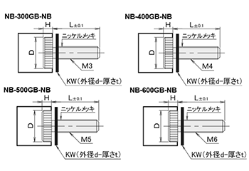 黄銅 ローレットツマミ(低頭・黒色 6ナイロンワッシャー組込) NB-GB-NB /頭径φ16x3H (Z3タイプ)(頭部 黒色焼き付け処理)の寸法図