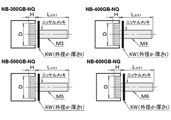 黄銅 ローレットツマミ(低頭・衝撃吸収白色 ナイロンワッシャー組込) NB-GB-NQ /頭径φ10x5H (Pタイプ)(頭部 黒色焼き付け処理)の寸法図