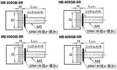 黄銅 ローレットツマミ(低頭・シリコンゴムワッシャー組込) NB-GB-SR /頭径φ10x3H (Oタイプ)(頭部 黒色焼き付け処理)の寸法図