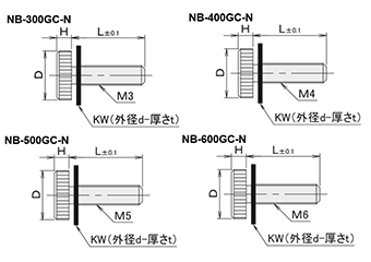 黄銅 ローレットツマミ(低頭・半透明 66ナイロンワッシャー組込) NB-GC-N /頭径φ10x3H (Oタイプ)クロムメッキ (バフ研磨)の寸法図