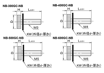 黄銅 ローレットツマミ(低頭・黒色 ナイロンワッシャー組込) NB-GC-NB /頭径φ10x3H (Oタイプ)クロムメッキ (バフ研磨)の寸法図