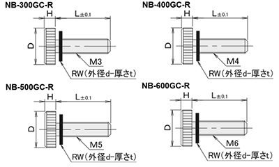 黄銅 ローレットツマミ(低頭・NBR黒色ナイロンワッシャー組込) NB-GC-R /頭径φ10x3H (Oタイプ)クロムメッキ (バフ研磨)の寸法図