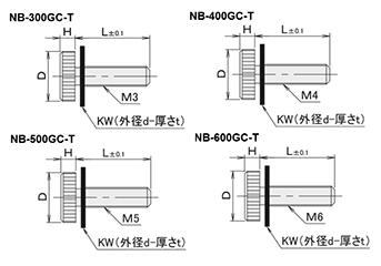 黄銅 ローレットツマミ(低頭・PTFEワッシャー組込) NB-GC-T /頭径φ10x3H (Oタイプ)クロムメッキ (バフ研磨)の寸法図