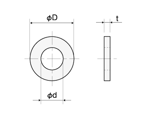 アルミ 丸型平座金 (丸ワッシャー)(AAW-0000-00B)(黒色アルマイト)(内径x外径x厚)の寸法図