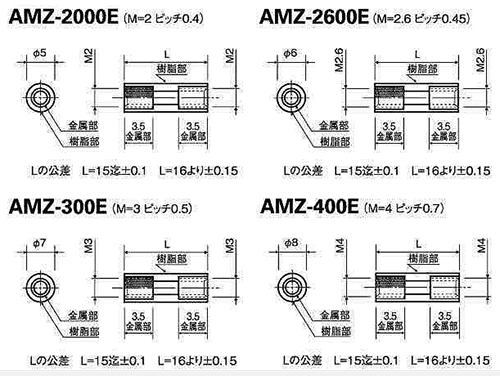 ジュラネックス(PBT)金属付PBT 丸型スペーサー(両メスねじ) / AMZ-Eの寸法図