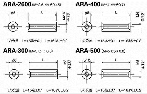 ABS樹脂 丸型スペーサー(両メスねじ・アイボリー色) / ARAの寸法図