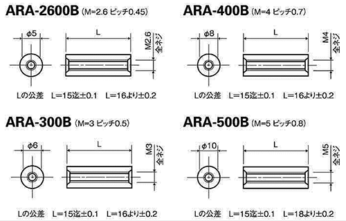 ABS樹脂 丸型スペーサー(両メスねじ・黒色) / ARA-Bの寸法図