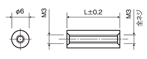 ジュラコン(POM)(黒色)丸型スペーサー 両メスねじ 安価品 AR-BR (ネジ径x長さ)の寸法図