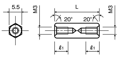 黄銅(カドミレス) 六角スペーサー両メスねじ ASB-MBEの寸法図