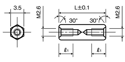 黄銅(鉛レス) エコ六角スペーサー両メスねじ ASE-N (M2.6 平径3.5)の寸法図