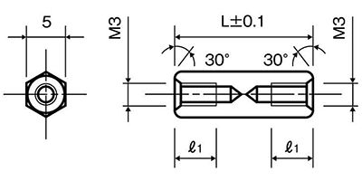 鉄(ROHS2対応) 六角スペーサー 両メスねじ ASF-5E(ネジ径x長さ)(平径5mm)の寸法図