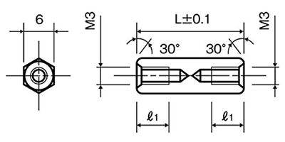 鉄(ROHS2対応) 六角スペーサー 両メスねじ ASF-6E(ネジ径x長さ)(平径6mm)の寸法図