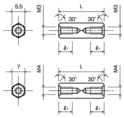 アルミ(鉛レス) 六角スペーサー両メスねじ・酸洗処理 ASL-Eの寸法図