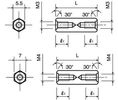 アルミ(鉛レス) 六角スペーサー両メスねじ・カニゼンメッキ処理 ASL-KEの寸法図