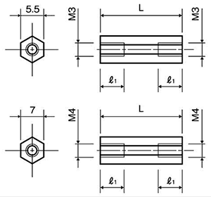 ナイロン66(半透明) 六角スペーサー(両メスねじ) ASNの寸法図