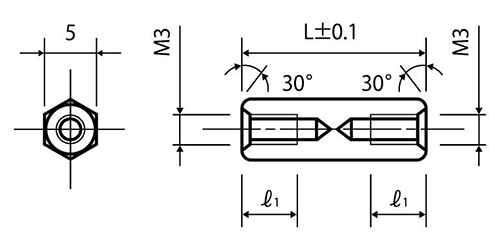 ステンレスSUS303 六角スペーサー 両メスねじ ASU-5(平径5mm)の寸法図
