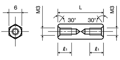 ステンレスSUS303 六角スペーサー両メスねじ ASU-6 (平径6mm)の寸法図